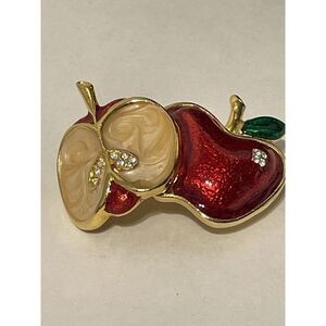 PAIR OF APPLES Red‎ and Cream Enamel Rhinestone Pips Brooch Pin